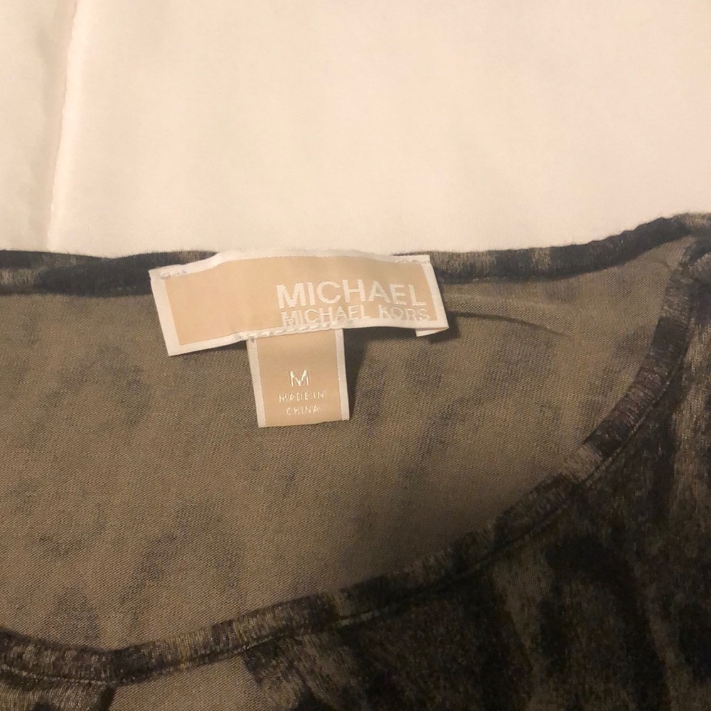 Michael Kors animal print blouse top in black and olive green w peephole front - Picture 2 of 8
